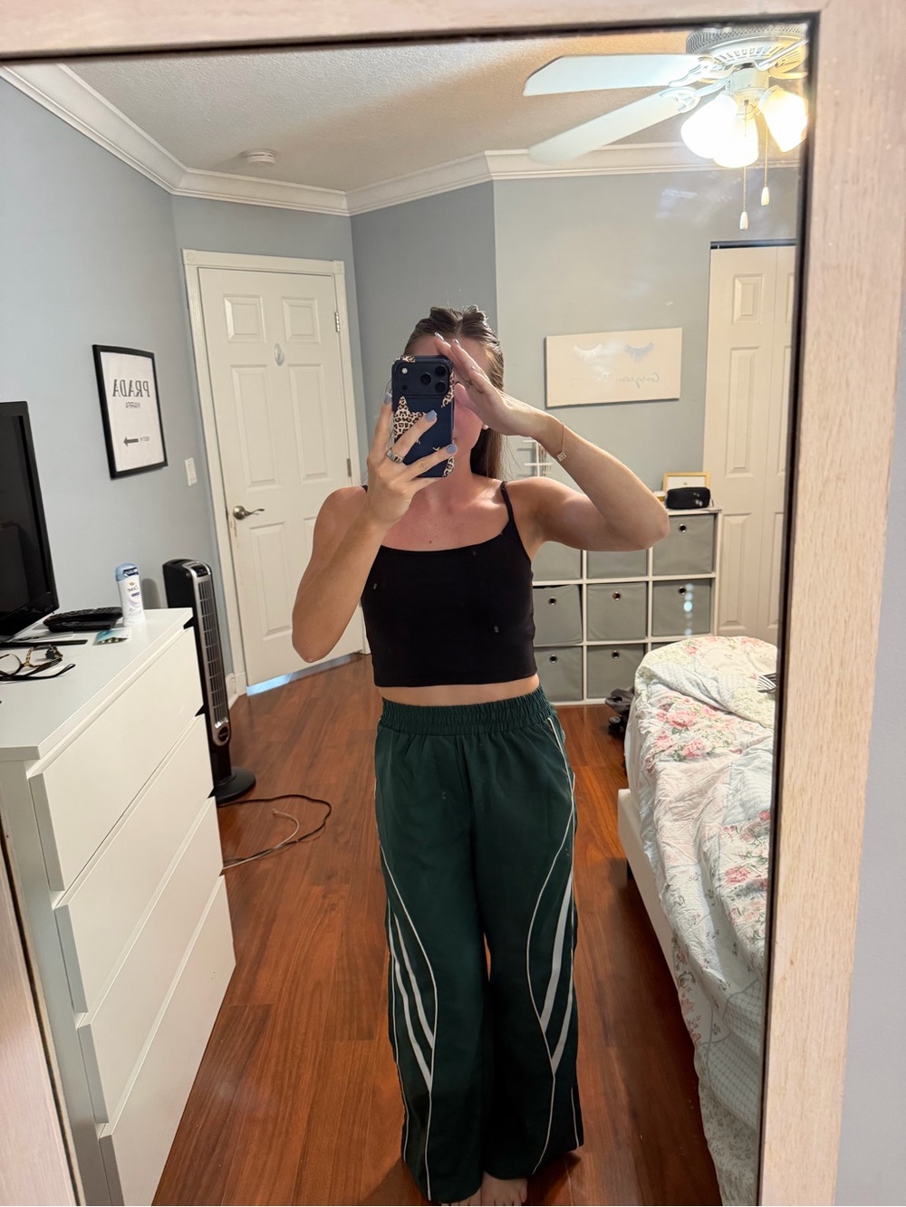 Womens Dark Green Track Pants with Contrast Piping
